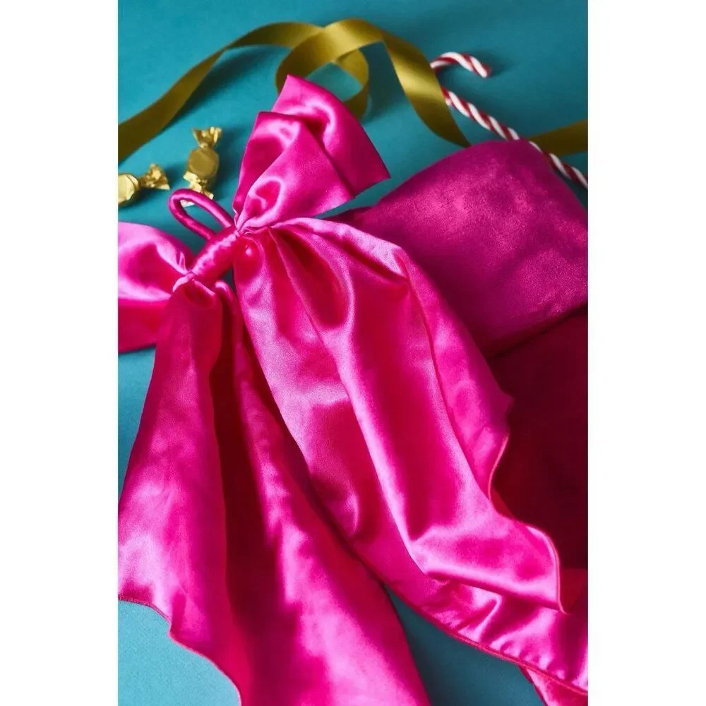 Anthropologie PINK Velvet Bow Stocking  Christmas Holiday Plush Luxury Brand NEW